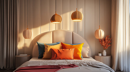 Retro-modern bedroom render with circular padded headboard, warm pendant lights, and colorful accent pillows,