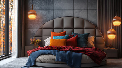 Retro-modern bedroom render with circular padded headboard, warm pendant lights, and colorful accent pillows,