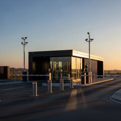 Modern Security Gatehouse, Automatic Barriers, Retractable Bollards, and CCTV Surveillance during Golden Hour