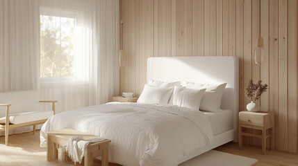 Scandinavian bedroom render with white headboard, pale wood tones, minimal furniture, and diffused natural window light,