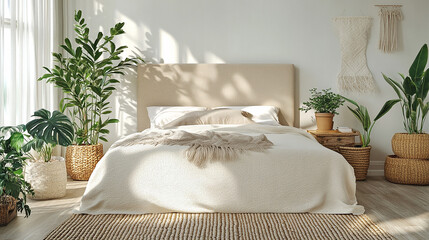 Scandinavian-style bedroom mockup with minimalist beige headboard, woven rug, potted plants, and bright morning light,