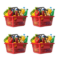 Red Shopping Baskets Filled with Produce and Drinks Fourfold Isolated Transparent Background Groceries Market Food Lifestyle Consumption
