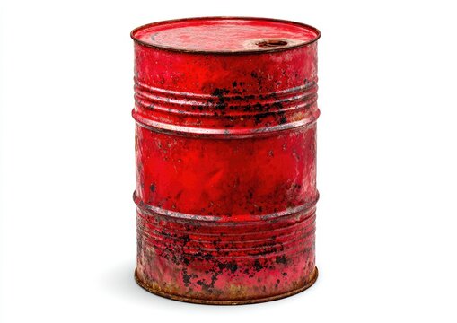 Rusty red metal oil drum on white background