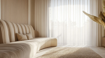 Serene minimalist bedroom with a curved upholstered headboard in soft beige tones, natural light streaming through sheer curtains, and a textured area rug beneath,