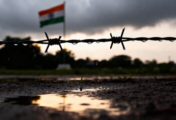 Barbed Wire with Raindrops Indian Flag in Background