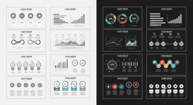 Modern infographic templates for data visualization. Diverse business charts, graphs, UI elements. Light and dark mode designs for presentations, reports, and analytics