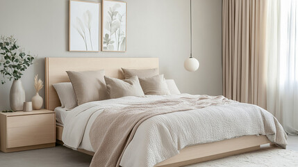 Simple modern bedroom with light wood headboard, large cushions, and calming minimalist layout,