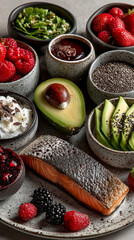 Avocado , salmon and lot of healthy food is on the table.