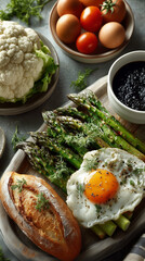 Fried egg and asparagus is on the table , healthy food image.