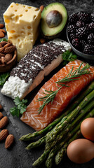 Rice sushi , salmon and asparagus is on the table , healthy food photo.