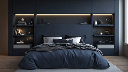 Sleek 3D mockup of a modern bedroom featuring a bold navy-blue headboard wall with integrated nightstands and floating shelves, styled with monochrome bedding and minimal accessories,