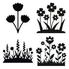 flower meadow minimal icon set, black color and white background