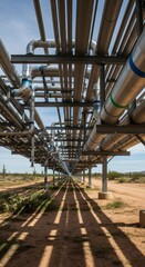Modern Industrial Pipeline System Traversing Arid Desert Landscape Under Clear Blue Sky
