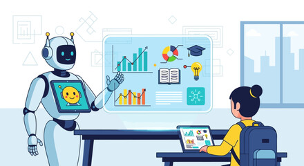 AI robot teacher offers interactive digital lessons to a student, displaying educational data and concepts on a holographic screen, symbolizing personalized future education