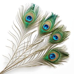 Obraz premium Beautiful Peacock Feathers With Vibrant Blue And Green Eye Patterns Isolated On White Background For Decoration