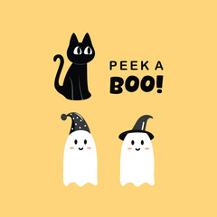 Fototapeta premium Halloween element. Black cat and ghost. Peek a boo.