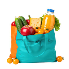 Reusable Grocery Bags on Transparent Background Shopping Market Eco Friendly Zero Waste Groceries Healthy Food Vegetables Fruits Juice Cheese