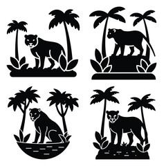jungle minimal flat icon set, black color and white background