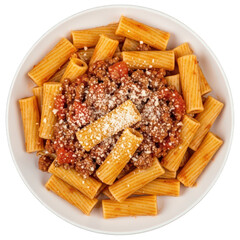 Rigatoni Pasta With Bolognese Sauce And Parmesan Cheese In White Bowl. Classic Italian Comfort Food. High Resolution Isolated on Transparent Background
