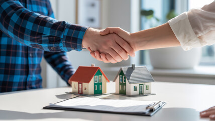 Handshake over miniature houses symbolizes real estate deal completion
