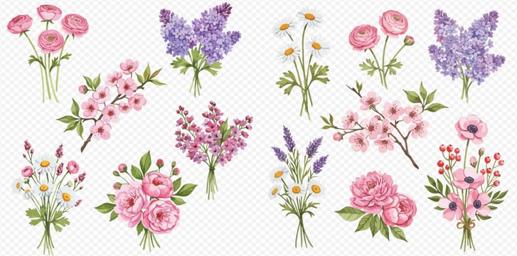 A collection of watercolor illustrations featuring various spring and summer flower bouquets and branches, including ranunculus, lilac, cherry blossoms, daisies, peonies, and lavender.