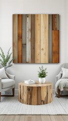 Modern Living Room with Wooden Art and Natural Decor