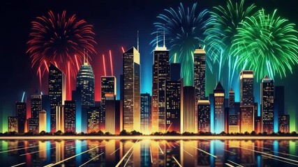 City skyline with fireworks display at night for a festive celebration - Powered by Adobe