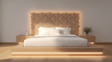 Stylish 3D rendering of a minimalist bedroom with a low platform bed, light wood floor, clean white linens, and a creative headboard decorated with geometric wooden patterns and LED strip lighting,