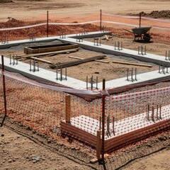 Construction site foundation with concrete footings rebar and safety fencing being prepared for building development