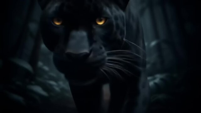 Majestic black panther prowling through a misty jungle, surrounded by dense foliage and shadows