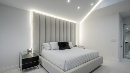 Ultra-modern bedroom with a floating padded headboard framed by LED strip lighting, white walls, glass nightstands, and minimal black decor elements,