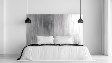 Ultra-sleek minimal bedroom render with a full-wall headboard made of brushed metal, white bed linens, black pendant lighting, and no clutter,