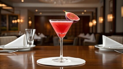 Fototapeta premium Elegant Red Cocktail In Martini Glass Garnished With Fruit Slice Served On Table In Luxury Restaurant Interior View