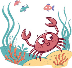 Cheerful Cartoon Crab Dressed as a Pirate with Skull Hat and Mischievous Smile on Its Face