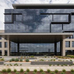 Modern Corporate Office Building Facade Featuring Reflective Glass and Geometric Architectural Elements