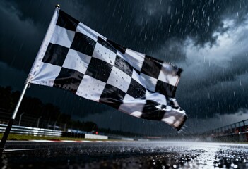 Checkered Flag in the Rain Dramatic Racing Finish Line Conditions