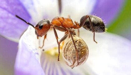 Close-up of a red ant carrying a seed on a purple flower