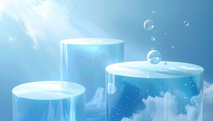 Three transparent cylinder podiums display a bright sky with fluffy clouds and light rays casting from above, accompanied by ethereal bubbles floating in a tranquil and serene environment, creating...