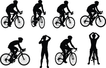 Fototapeta premium Cycling posture, road bike silhouette, rider stretching, pedaling motion, cad drawing flat vector illustration, black and white fitness activity, cycling poses
