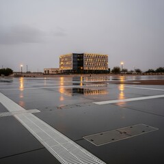Contemporary building design with reflective wet surfaces and illuminated facade at dusk