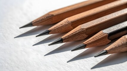 Close Up Of Sharp Wooden Pencils Arranged On White Paper Surface Showing Creativity Education And Art Concept Design