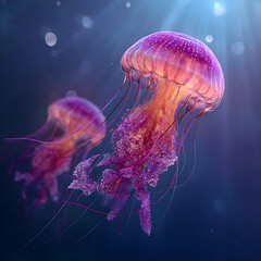 Fototapeta premium Bioluminescent jellyfish gracefully drift through deep blue ocean waters illuminated by sunbeams and gentle currents.