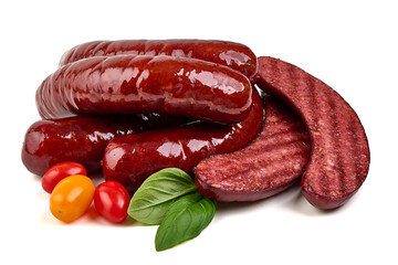 Smoked Sausages with Tomatoes and Basil, isolated on white background