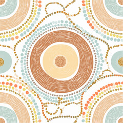 A seamless Indigenous Australian waterhole pattern with flowing dotted rivers and circular motifs. Perfect for textiles, educational projects, and home decor.