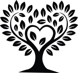 black and white vector illustration of a decorative tree with heart shaped design