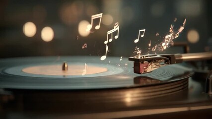 Vinyl's Symphony: A vintage record player spins a classic vinyl record, as musical notes dance above, encapsulating the timeless joy of music in a warm, nostalgic atmosphere.