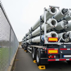 Industrial Transportation of Large Cylindrical Components Secured on a Truck Trailer Next to a Chain Link Fence
