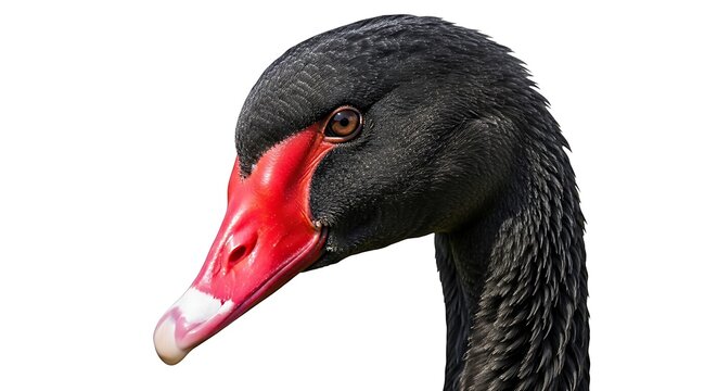 Black Swan Portrait - Striking Red Beak Against White Background.