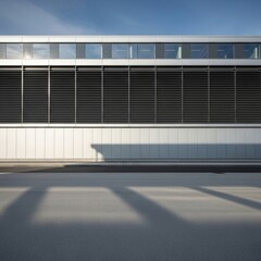 Contemporary Industrial Building Facade with Geometric Shadows on Asphalt Pavement Under a Clear Blue Sky
