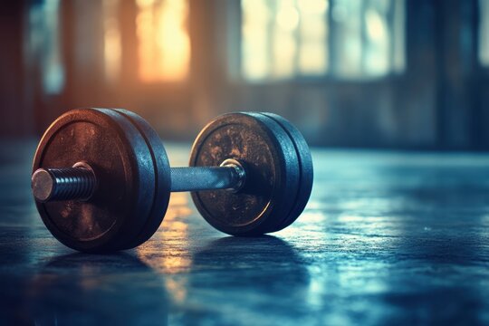 Heavy dumbbell resting on the gym floor during evening light in an urban fitness center - Powered by Adobe